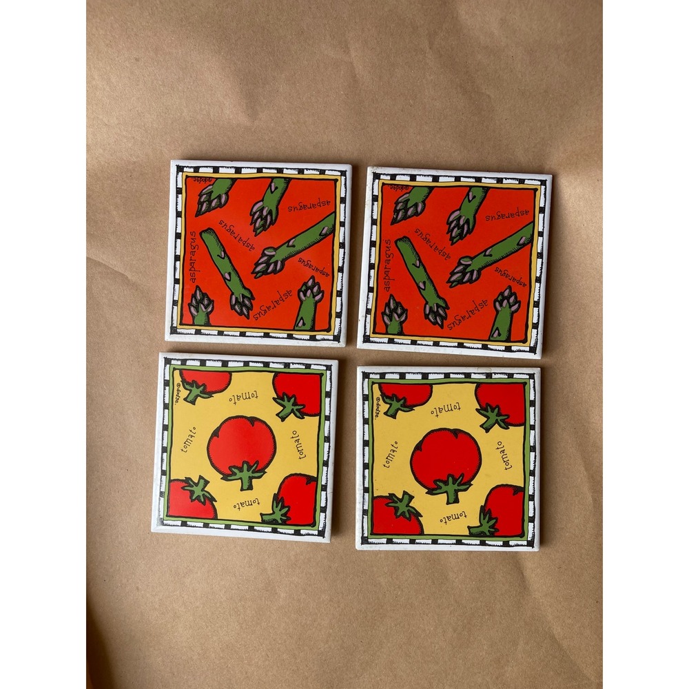 Starbucks Coasters Set 4 Vintage Tomato Asparagus Tile Art Kitchen Decor